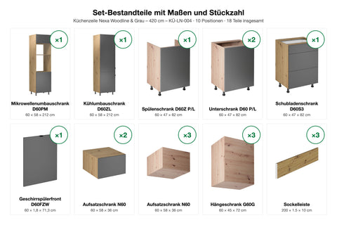 Küchenzeile Nexa Woodline & Grau – 420 cm – KÜ-LN-004 – Set-Bestandteile mit Maßen und Stückzahl
