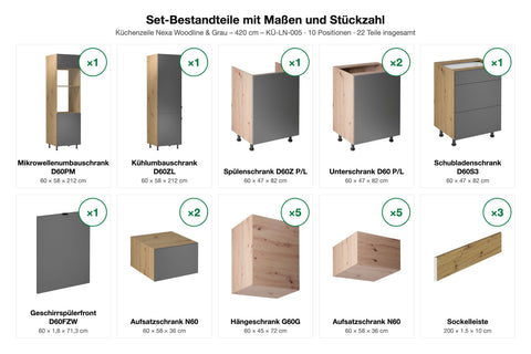 Küchenzeile Nexa Woodline & Grau – 420 cm – KÜ-LN-005 – Set-Bestandteile mit Maßen und Stückzahl
