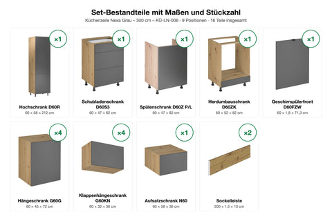 Küchenzeile Nexa Grau – 300 cm – KÜ-LN-006 – Set-Bestandteile mit Maßen und Stückzahl