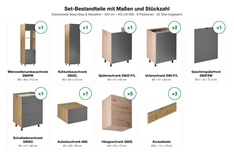 Küchenzeile Nexa Grau & Woodline – 420 cm – KÜ-LN-005 – Set-Bestandteile mit Maßen und Stückzahl