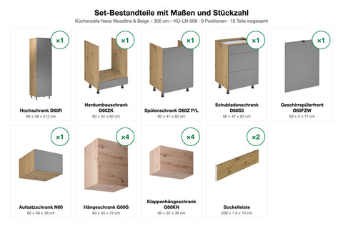 Küchenzeile Nexa Woodline & Beige – 300 cm – KÜ-LN-006 – Set-Bestandteile mit Maßen und Stückzahl