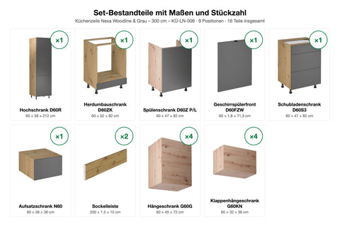 Küchenzeile Nexa Woodline & Grau – 300 cm – KÜ-LN-006 – Set-Bestandteile mit Maßen und Stückzahl
