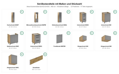 Nexa Küchenmöbel-Set KÜ-LN-003 – 460 cm – Woodline & Beige – Maßbild (Set-Bestandteile mit Maßen und Stückzahl)