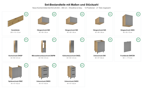 Nexa Küchenmöbel-Set KÜ-LN-003 – 460 cm – Woodline & Grau – Maßbild (Set-Bestandteile mit Maßen und Stückzahl)