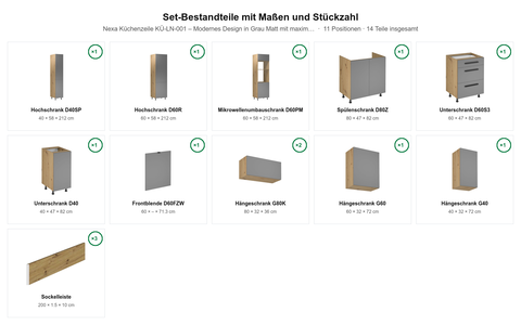 Nexa Küchenzeile KÜ-LN-001 – Modernes Design in Grau Matt mit maximalem Stauraum – Maßbild (Set-Bestandteile mit Maßen und Stückzahl)