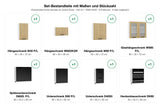 Set-Bestandteile mit Maßen und Stückzahl – Küchenzeile Dnoria Schwarz & London Eiche – 240 cm – KS20-G240