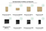 Set-Bestandteile mit Maßen und Stückzahl – Küchenzeile Dnoria Schwarz & London Eiche – 240 cm – KS21-G240