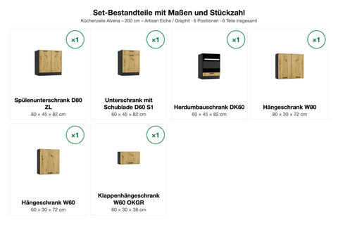 Set-Bestandteile mit Maßen und Stückzahl – Küchenzeile Alvena 200 cm Artisan Eiche / Graphit