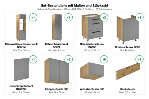 Set-Bestandteile mit Maßen und Stückzahl – Küchenzeile Nexa Woodline – 360 cm – K50-G360