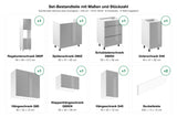 Set-Bestandteile mit Maßen und Stückzahl – Küchenzeile Velmora Grau Hochglanz – 240 cm – K101-G240