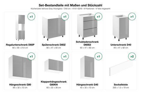 Set-Bestandteile mit Maßen und Stückzahl – Küchenzeile Velmora Grau Hochglanz – 240 cm – K101-G240