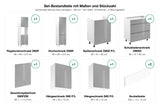 Set-Bestandteile mit Maßen und Stückzahl – Küchenzeile Velmora Grau Hochglanz – 320 cm – K57-G320