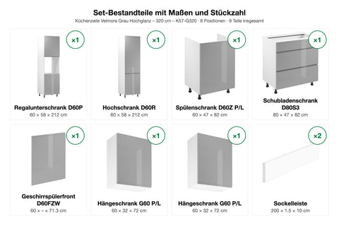 Set-Bestandteile mit Maßen und Stückzahl – Küchenzeile Velmora Grau Hochglanz – 320 cm – K57-G320