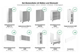Set-Bestandteile mit Maßen und Stückzahl – Küchenzeile Velmora Grau Hochglanz – 340 cm – K40-G340