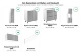 Set-Bestandteile mit Maßen und Stückzahl – Küchenzeile Velmora Grau Hochglanz – 360 cm – K47-G360