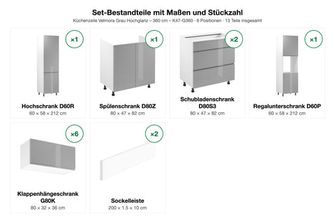 Set-Bestandteile mit Maßen und Stückzahl – Küchenzeile Velmora Grau Hochglanz – 360 cm – K47-G360