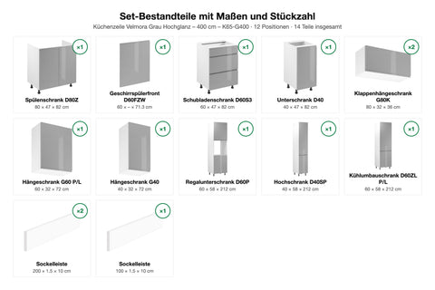 Set-Bestandteile mit Maßen und Stückzahl – Küchenzeile Velmora Grau Hochglanz – 400 cm – K65-G400