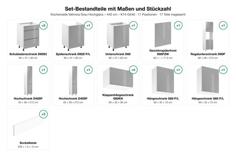 Set-Bestandteile mit Maßen und Stückzahl – Küchenzeile Velmora Grau Hochglanz – 440 cm – K74-G440