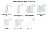 Set-Bestandteile mit Maßen und Stückzahl – Küchenzeile Velmora Weiß Hochglanz – 320 cm – K57-G320