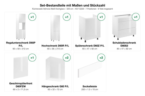 Set-Bestandteile mit Maßen und Stückzahl – Küchenzeile Velmora Weiß Hochglanz – 320 cm – K57-G320