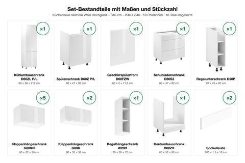 Set-Bestandteile mit Maßen und Stückzahl – Küchenzeile Velmora Weiß Hochglanz – 340 cm – K40-G340