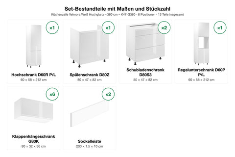 Set-Bestandteile mit Maßen und Stückzahl – Küchenzeile Velmora Weiß Hochglanz – 360 cm – K47-G360