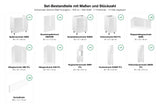 Set-Bestandteile mit Maßen und Stückzahl – Küchenzeile Velmora Weiß Hochglanz – 400 cm – K65-G400