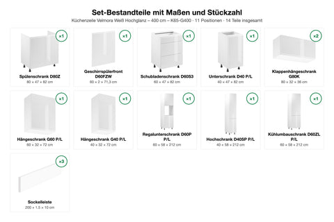 Set-Bestandteile mit Maßen und Stückzahl – Küchenzeile Velmora Weiß Hochglanz – 400 cm – K65-G400