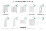 Set-Bestandteile mit Maßen und Stückzahl – Küchenzeile Velmora Weiß Hochglanz – 440 cm – K74-G440