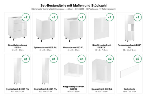 Set-Bestandteile mit Maßen und Stückzahl – Küchenzeile Velmora Weiß Hochglanz – 440 cm – K74-G440