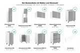 Set-Bestandteile mit Maßen und Stückzahl – L-Küche Velmora Grau Hochglanz – 300 × 240 cm – K31-G300 R