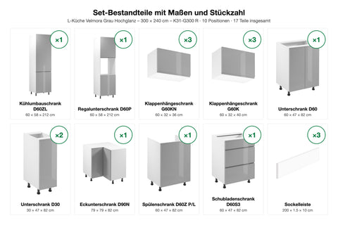 Set-Bestandteile mit Maßen und Stückzahl – L-Küche Velmora Grau Hochglanz – 300 × 240 cm – K31-G300 R