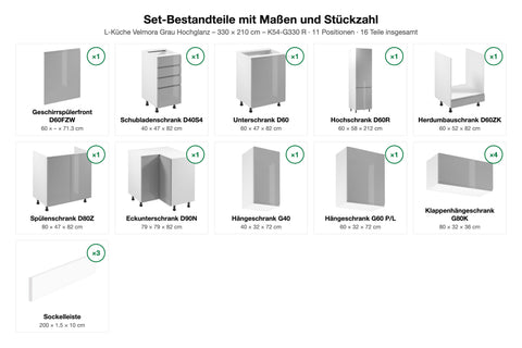Set-Bestandteile mit Maßen und Stückzahl – L-Küche Velmora Grau Hochglanz – 330 × 210 cm – K54-G330 R