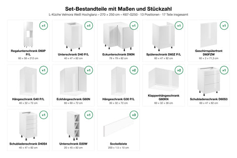 Set-Bestandteile mit Maßen und Stückzahl – L-Küche Velmora Weiß Hochglanz – 270 × 250 cm – K67-G250