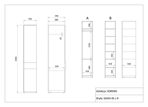 Soreno Kleiderschrank in Macadamia – Maßzeichnung