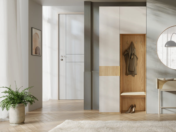 Soreno Schlafzimmer-Set 2-teilig mit Garderobenregal mit Sitzbank – Frühlingseiche / Macadamia