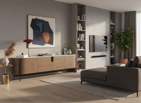 TV-Schrank Hillora Black base and accents, Walnut, White worktop 100 × 105 × 45 cm mit 4 Türen – Ansicht 7