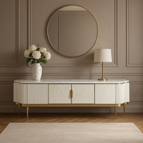 TV-Schrank Hillora Gebrochenes Weiß, White worktop, Golden legs and accents 200 × 52 × 40 cm mit 4 Türen – Ansicht 6