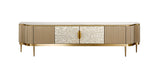 TV-Schrank Hillora Golden brass legs and accents, Light cream front, White worktop with a marble pattern, Champagne gold 200 × 52 × 40 cm mit 4 Türen
