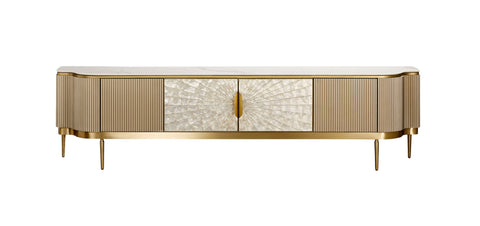 TV-Schrank Hillora Golden brass legs and accents, Light cream front, White worktop with a marble pattern, Champagne gold 200 × 52 × 40 cm mit 4 Türen