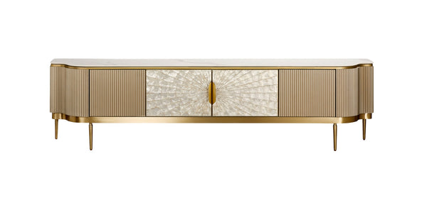 TV-Schrank Hillora Golden brass legs and accents, Light cream front, White worktop with a marble pattern, Champagne gold 200 × 52 × 40 cm mit 4 Türen
