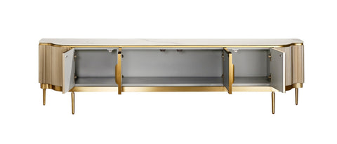 TV-Schrank Hillora Golden brass legs and accents, Light cream front, White worktop with a marble pattern, Champagne gold 200 × 52 × 40 cm mit 4 Türen – Ansicht 2