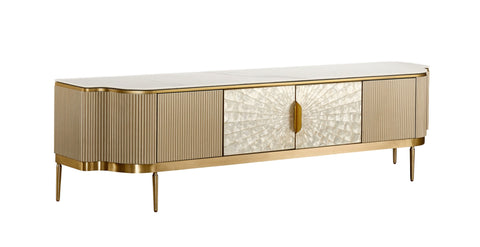 TV-Schrank Hillora Golden brass legs and accents, Light cream front, White worktop with a marble pattern, Champagne gold 200 × 52 × 40 cm mit 4 Türen – Ansicht 3