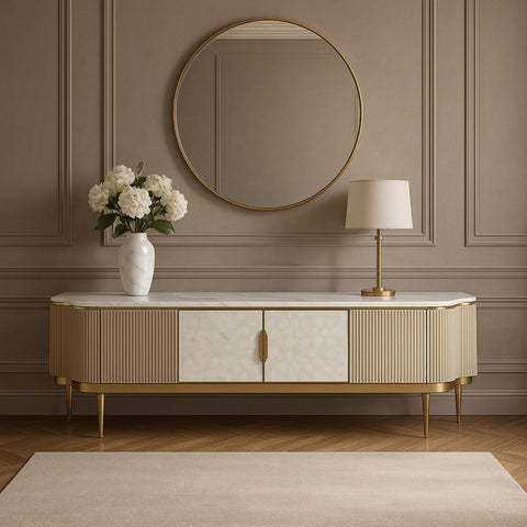 TV-Schrank Hillora Golden brass legs and accents, Light cream front, White worktop with a marble pattern, Champagne gold 200 × 52 × 40 cm mit 4 Türen – Ansicht 4