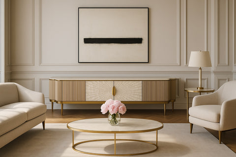 TV-Schrank Hillora Golden brass legs and accents, Light cream front, White worktop with a marble pattern, Champagne gold 200 × 52 × 40 cm mit 4 Türen – Ansicht 8