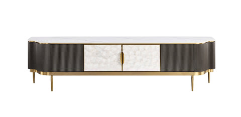 TV-Schrank Hillora Light cream front, White marble countertop, Golden legs and accents, Dark graphite 200 × 52 × 40 cm mit 4 Türen