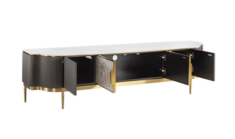 TV-Schrank Hillora Light cream front, White marble countertop, Golden legs and accents, Dark graphite 200 × 52 × 40 cm mit 4 Türen – Ansicht 2