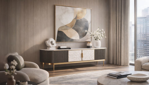 TV-Schrank Hillora Light cream front, White marble countertop, Golden legs and accents, Dark graphite 200 × 52 × 40 cm mit 4 Türen – Ansicht 6