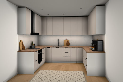 U-Küche Sorento Beige & Weiß – 318 × 239 × 239 cm – KÜ-SORENTO4-001 – Raumansicht über Eck von rechts