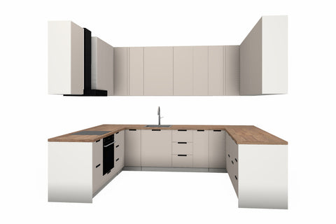 U-Küche Sorento Beige & Weiß – 318 × 239 × 239 cm – KÜ-SORENTO4-001 – freigestellt, über Eck von rechts
